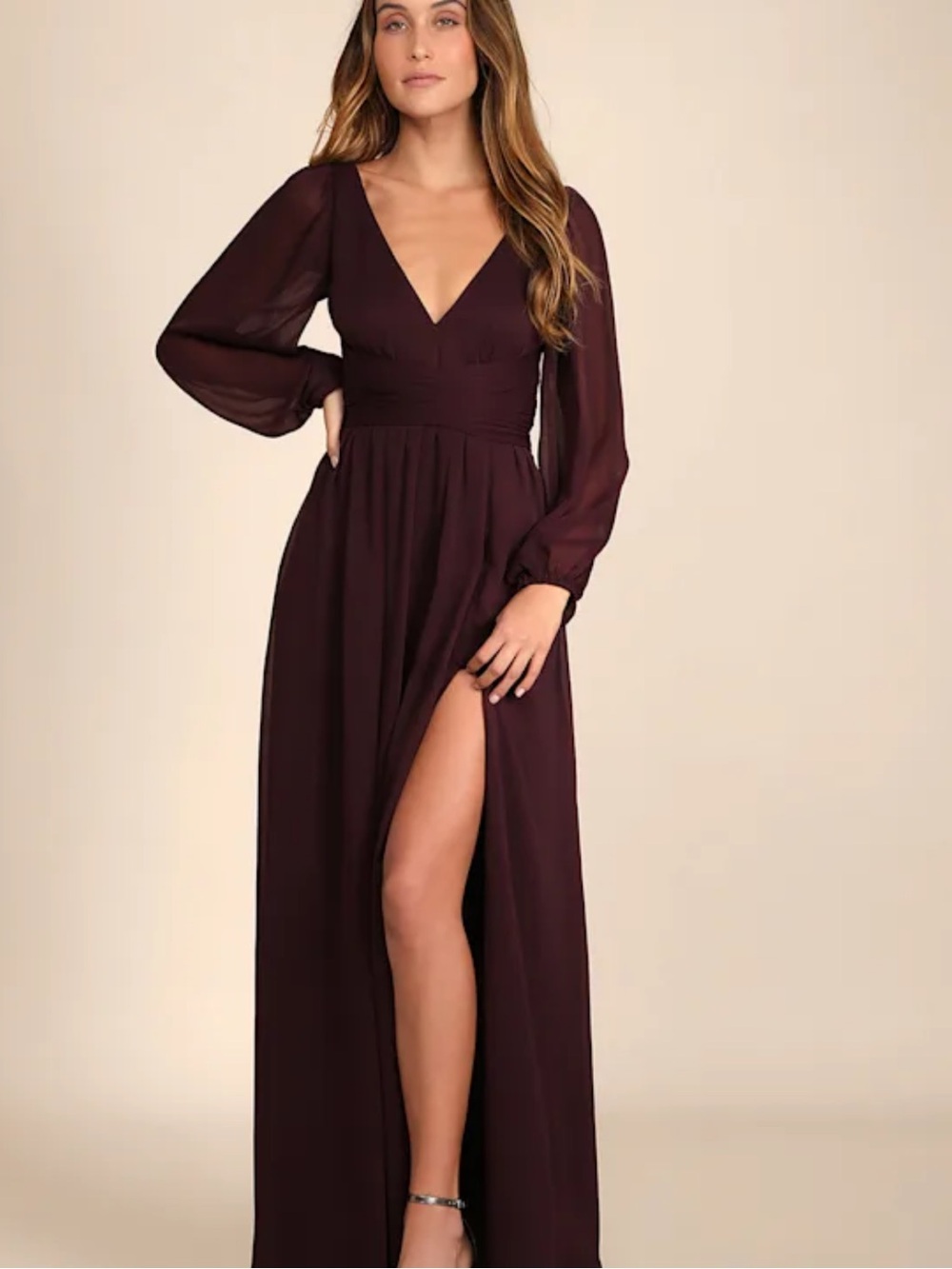 Lulus V-Neck Long Sleeve Maxi Dress in Dark purple- size small